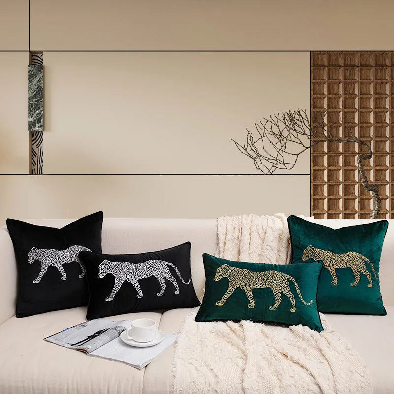 housse coussin brodée léopard velours élégante noir vert décorative maison voiture 45x45cm 30x50cm fixations