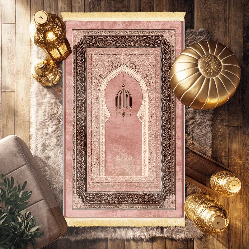 tapis prière islamique rose motifs floraux bordure dorée oriental résistant décoloration adaptable maison voyage