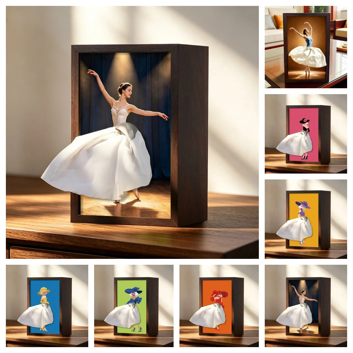 cadre photo bois danseuse ballet fond blanc couleurs vives classiqueintérieur décoration murale image transparente