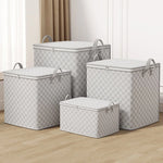boîte rangement moderne 110l 150l 220l 30l carreaux beige motifs jaunes poignées métalliques coussin