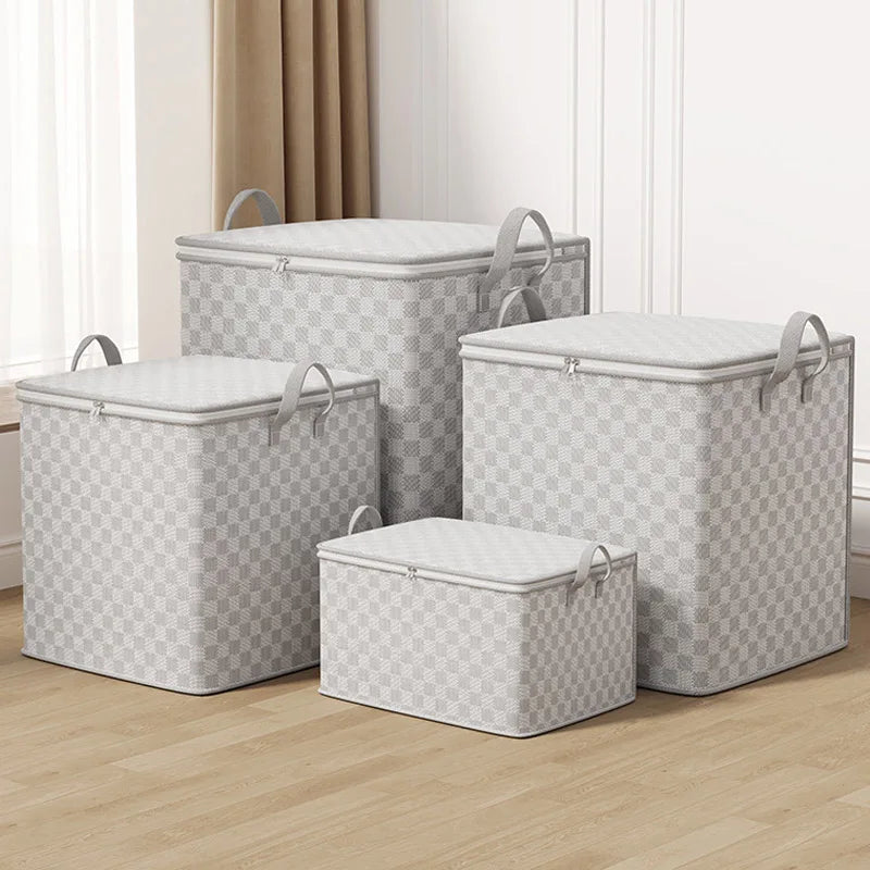 boîte rangement moderne 110l 150l 220l 30l carreaux beige motifs jaunes poignées métalliques coussin