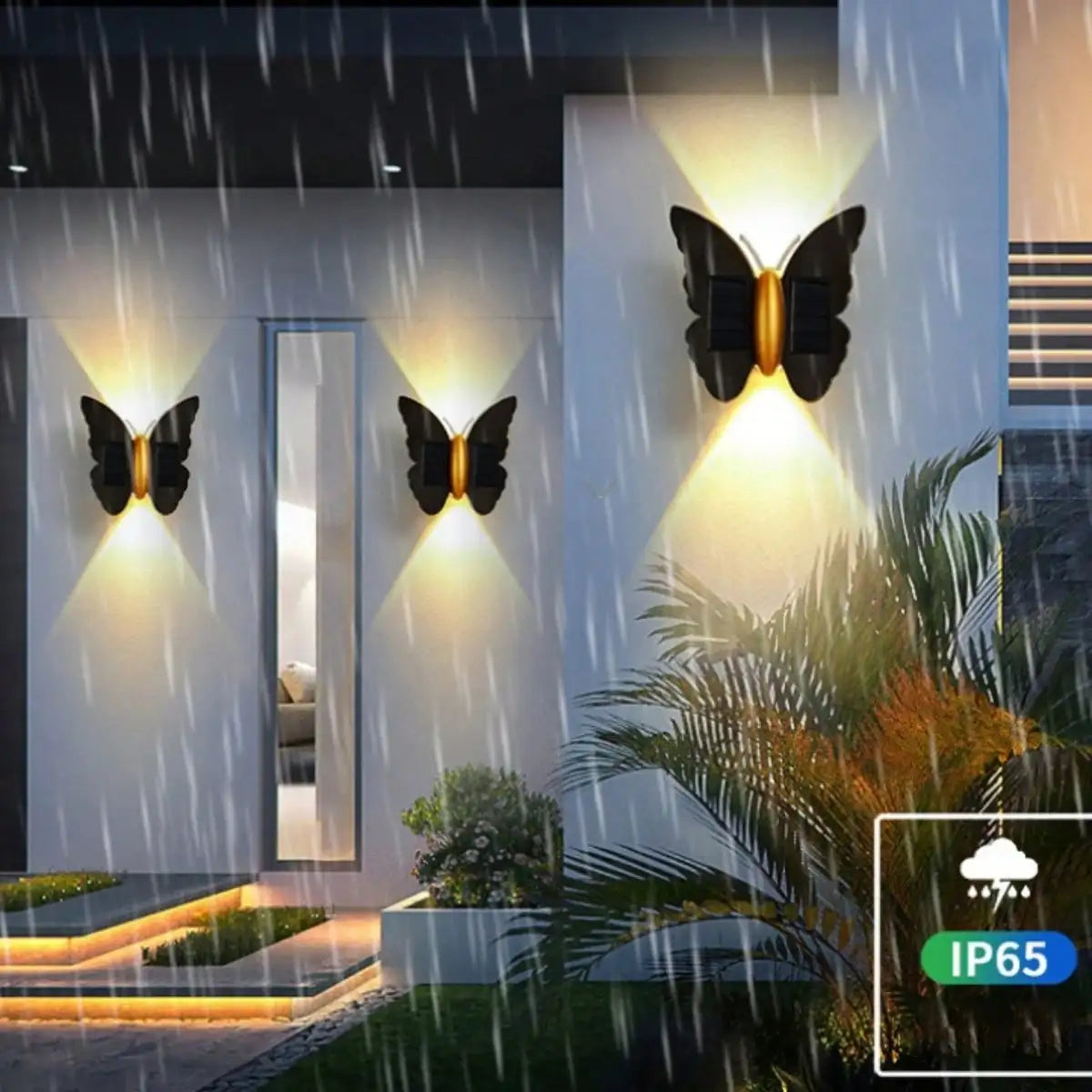 lampe murale solaire led papillon moderne noir doré extérieure adhésive ip44 rechargeable 2lumieres