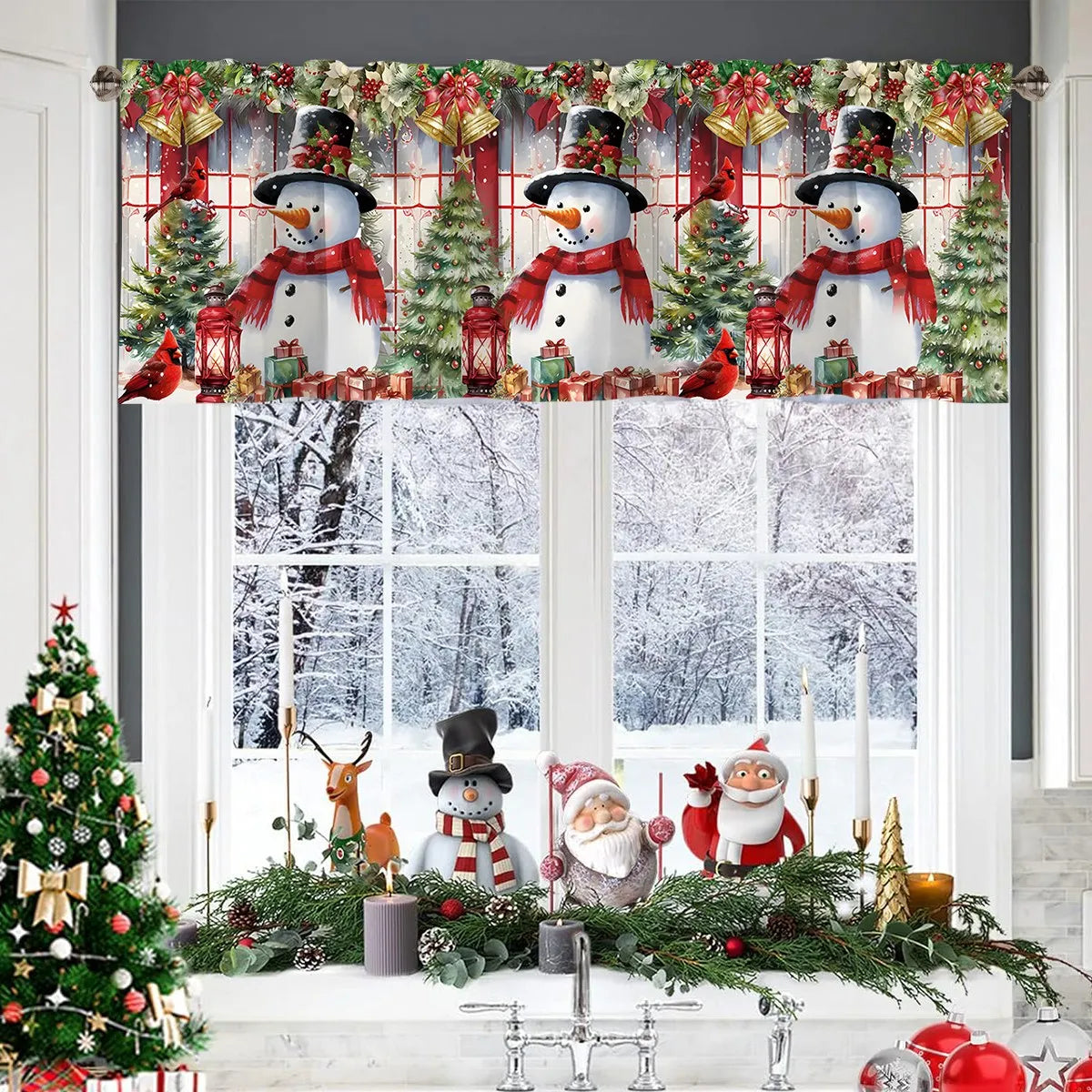 rideau fenêtre noël rouge blanc vert pères noël bonhommes rennes guirlandes flocons merry christmas