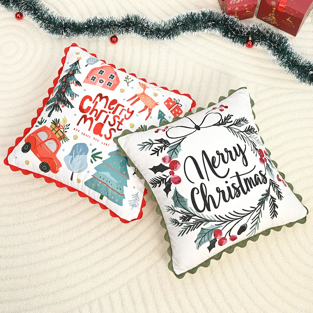 housse coussin patchwork noël blanc guirlande cloches branches baies étoiles décor maison festive 45x45cm