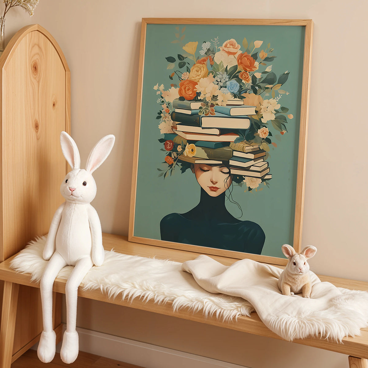 affiche murale illustration fleurs livres visage féminin vert beige blanc noir salon chambre