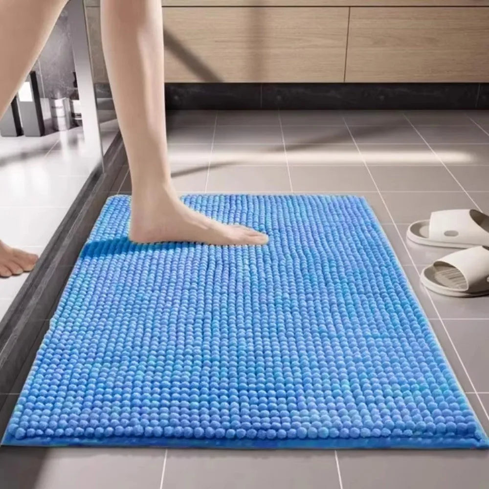 tapis bain polyester anti dérapant lavable machine moderne gris bleu marron texture boules 40x60cm