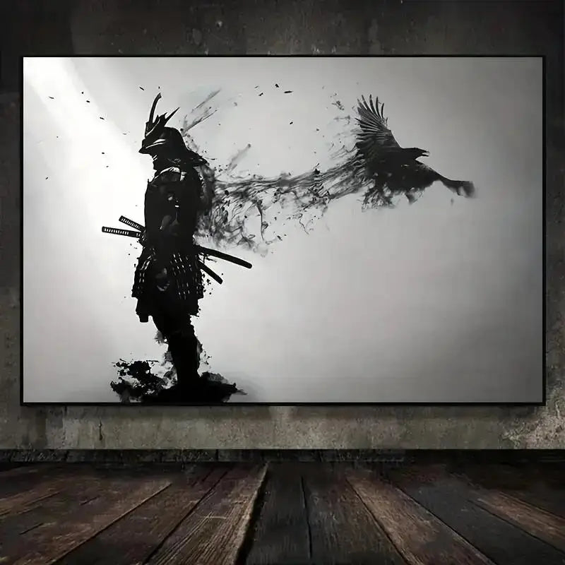 toile d'art samouraï corbeau abstrait noir blanc contemporain decoration maison salon