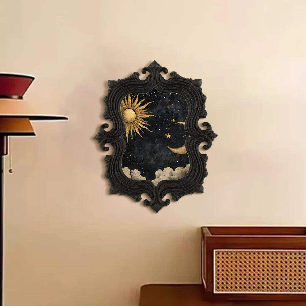 cadre mural baroque noir lune soleil étoiles nuages ornements floraux chambre adulte déco gothique