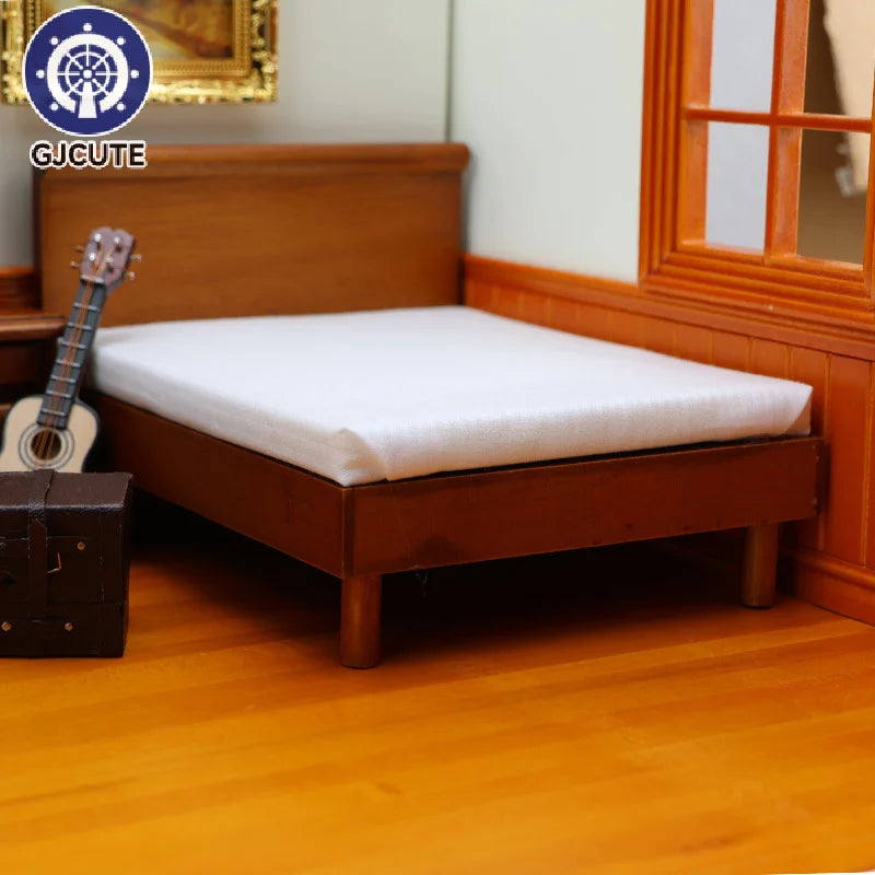 lit miniature classique bois marron clair matelas tête lit tissu uni blanc chambre poupée