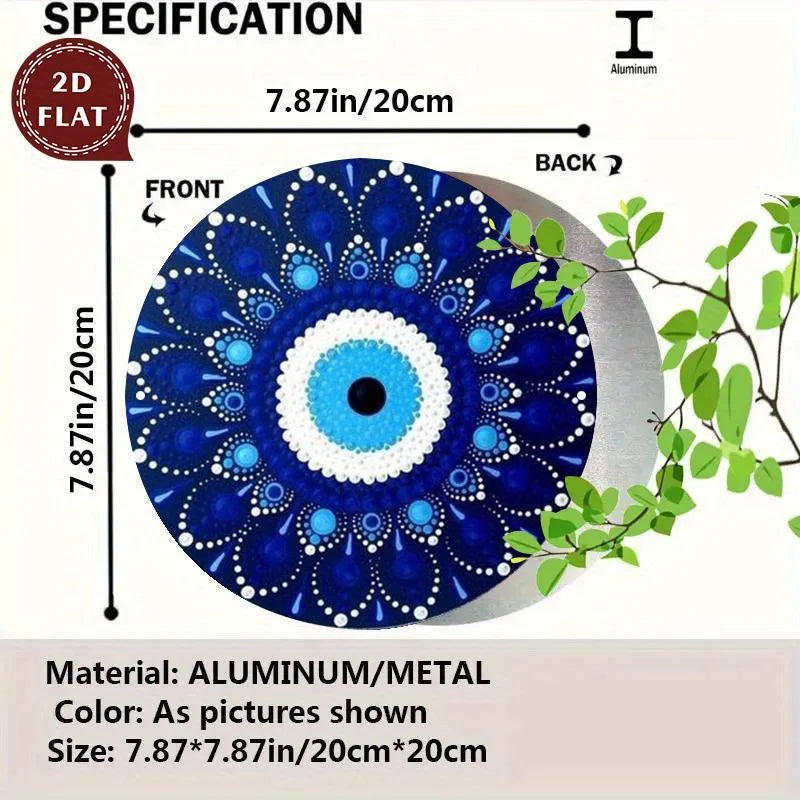 plaque décorative mandala œil central bleu blanc métal artisanal protection concentrique 20cm rond