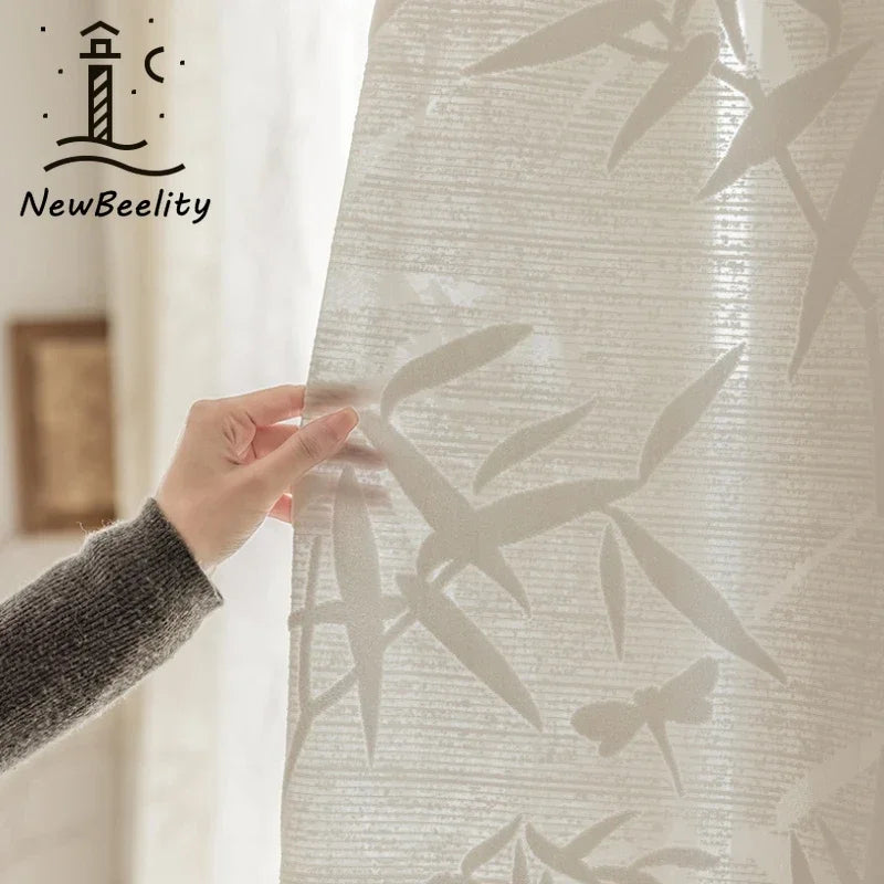 rideau blanc moderne motif feuilles bambou translucide salon chambre fenêtre maison luxe