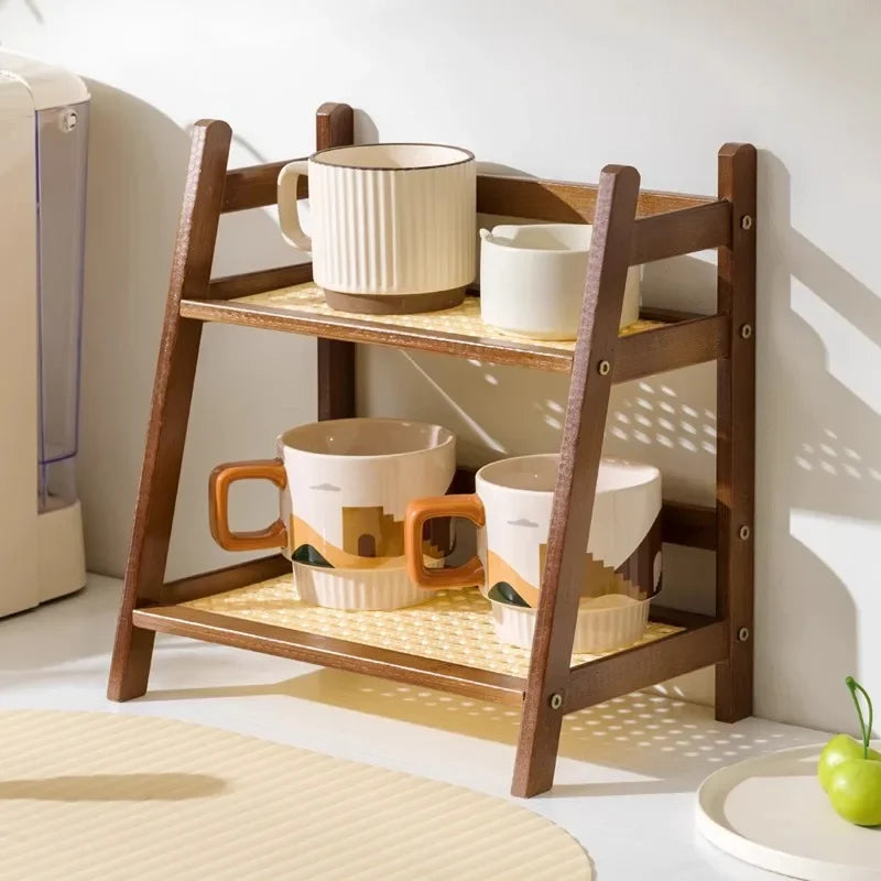 étagère bois naturel trois niveaux moderne paniers livres rangement cuisine minimaliste