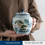 pot thé céramique blanc bleu paysage chinois couvercle fleurs montagnes arbre traditionnel