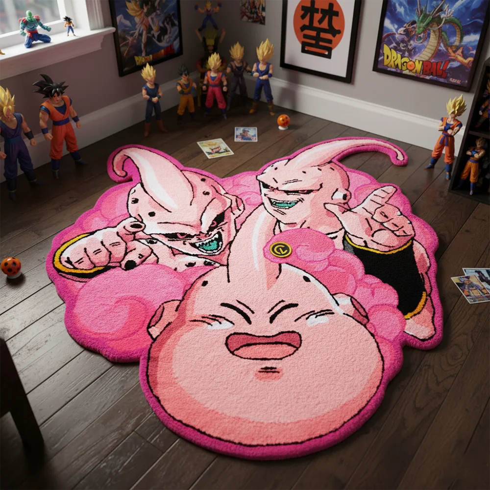tapis anime dragon ball majin buu evolution rose blanc noir velours belge 6mm 100cm