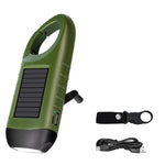 lampe torche solaire vert olive rechargeable rayures horizontales mode fixation annexe chargeurs camping