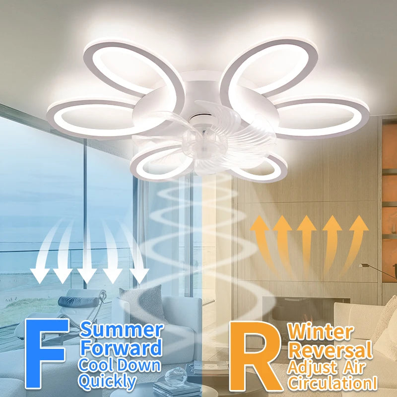 ventilateur plafonnier led blanc floral moderne télécommande app mobile vitesses lumière réglable