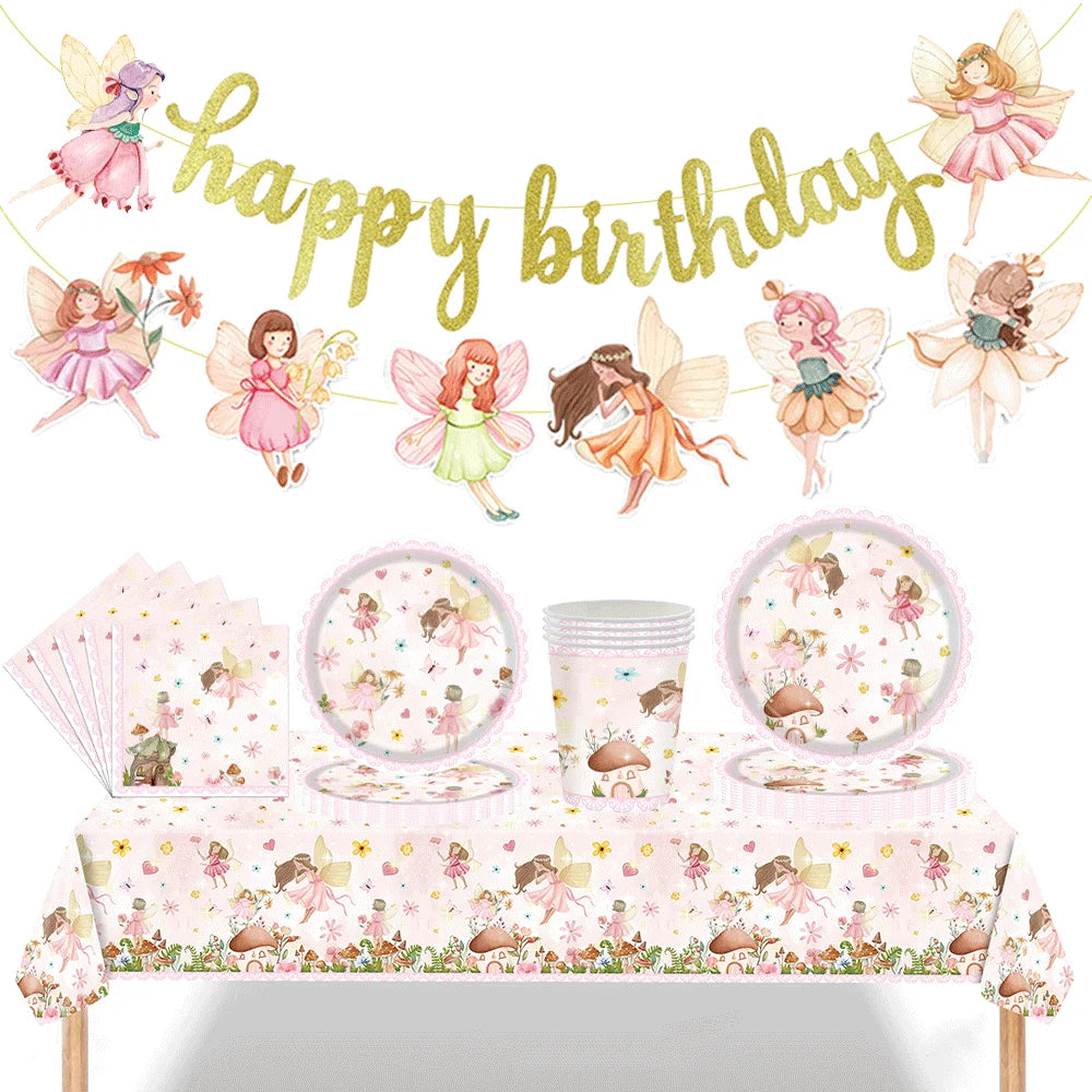 décoration fête anniversaire fées assiettes serviettes nappe illustrations scènes naturelles coeurs papillons champignons fleurs