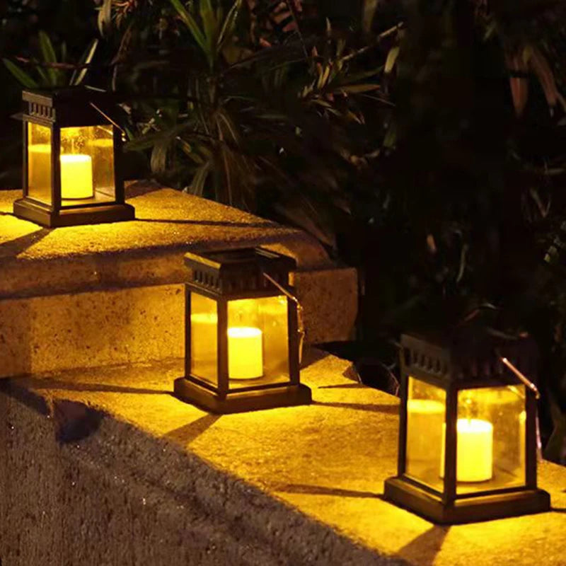 lanterne solaire transparente effet gouttes pluie vintage anneau métallique bougie blancheextérieur nuit camping jardin