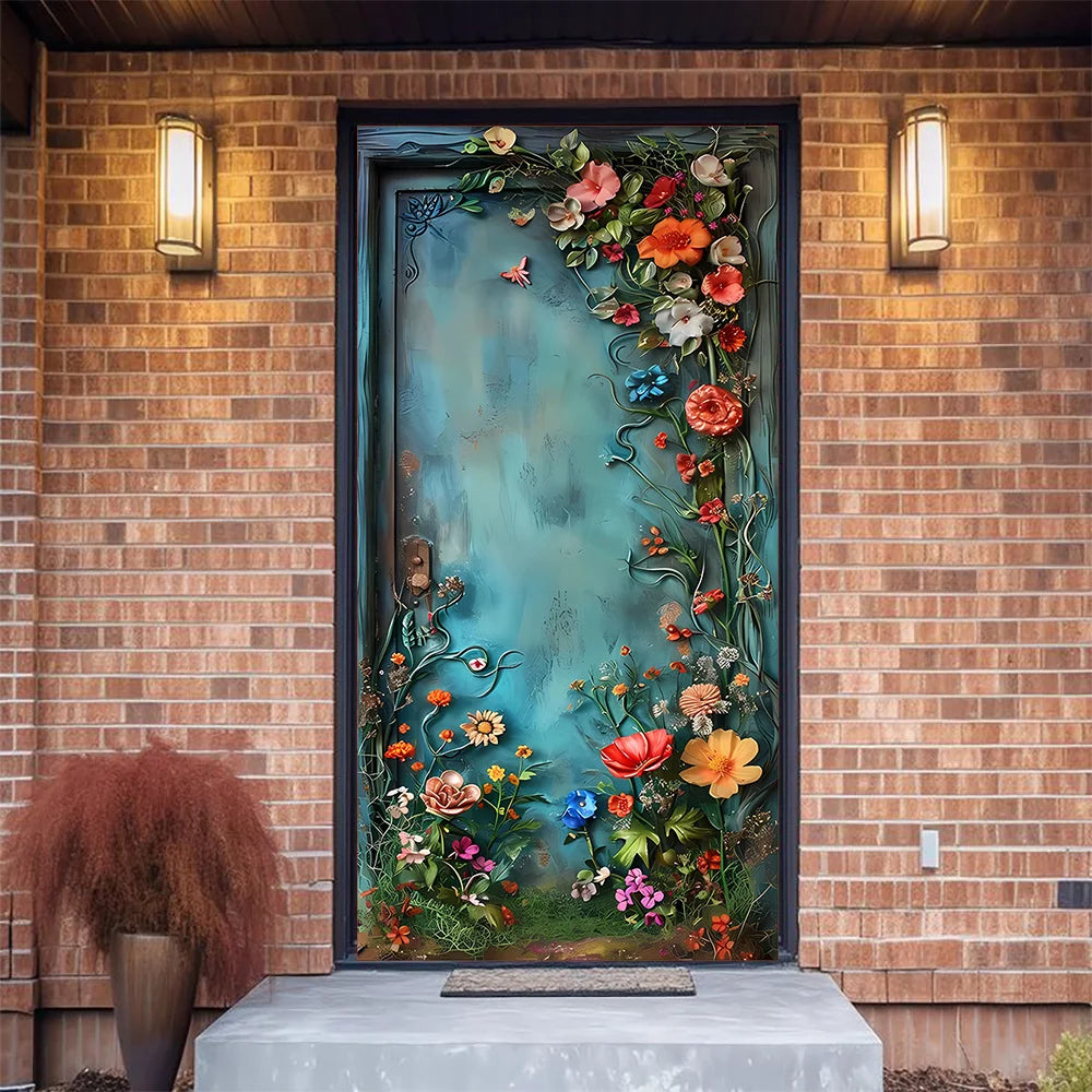 porte décorative artisanale fleurs colorées feuilles papillons bleu vert rouge orange jaune adhésifextérieurintérieur