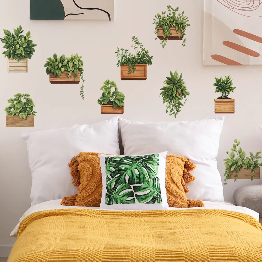 stickers muraux plantes pots suspendus feuilles bois naturels minimaliste chambre salon decoration opaques various