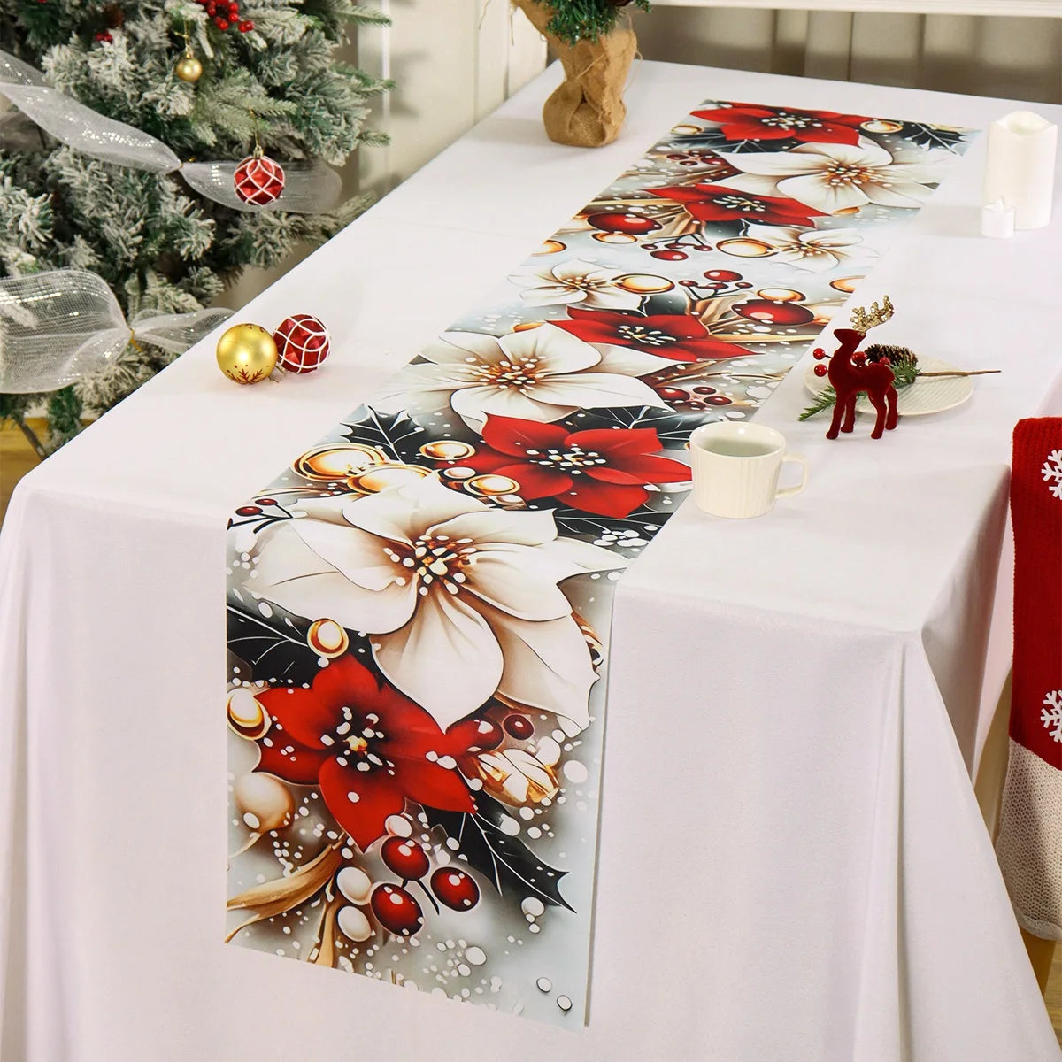 table noël blanc rouge motif floral hiver extérieur moderne festive polyester