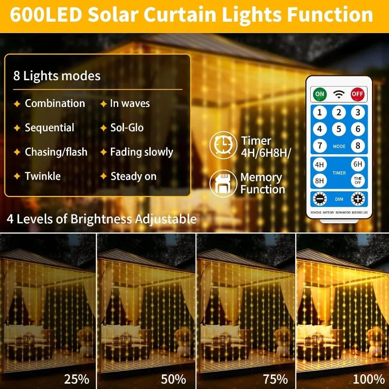 rideau lumineux led blanc chaud 300 leds 3x3m ip65 moderne panneau solaire télécommande adaptateur