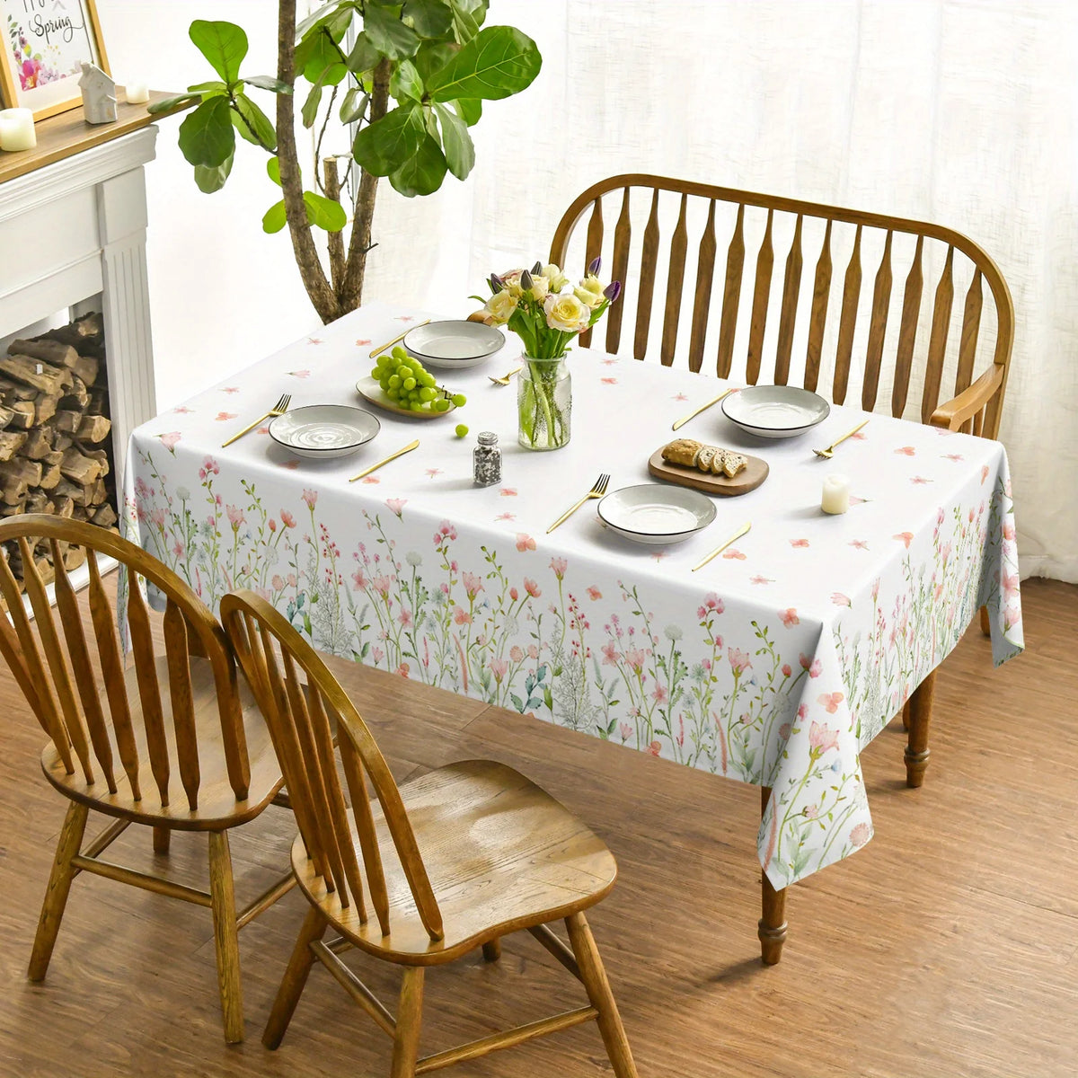 nappe rectangulaire moderne fleurs printemps polypropylene reutilisable blanc rose verte grise table