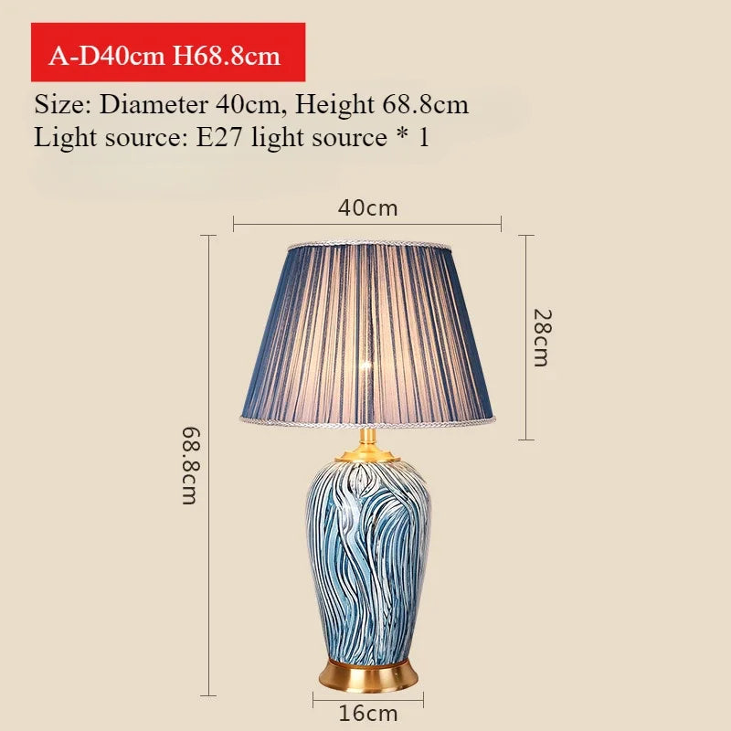 lampe table céramique rayures bleu abatjour tissu base cuivre led classique chambre salon