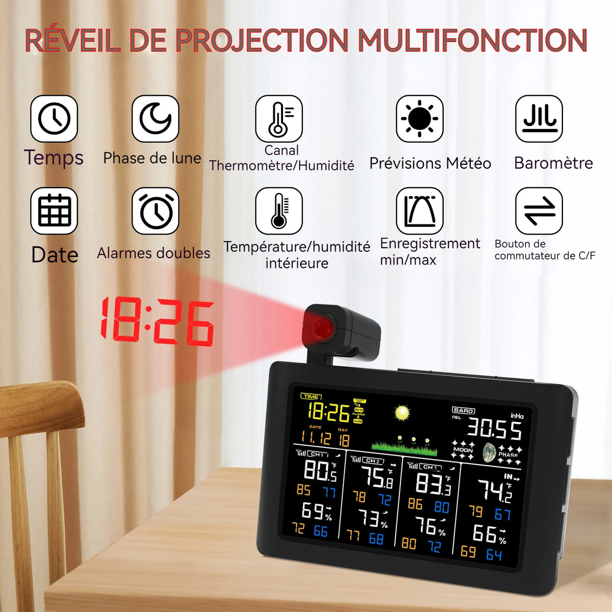 réveil projecteur multifonction noir affichage numérique sans fil capteurs température humidité lumière adjustable maison
