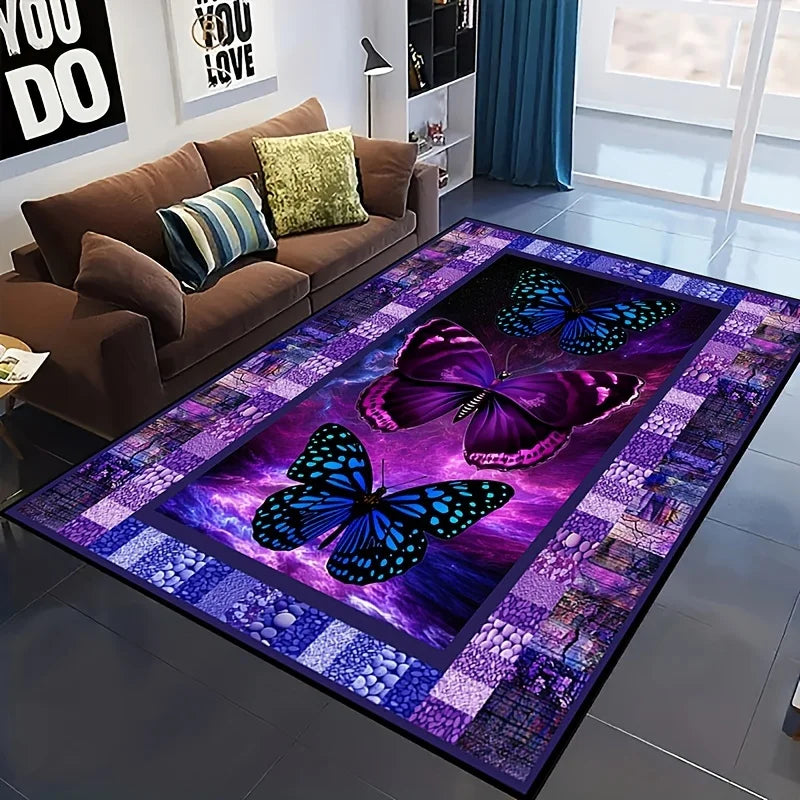 tapis salon moderne violet roses papillons patchwork lavable grande surface décoration chambre intérieur