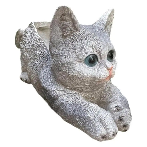 statue chat réaliste gris orange taches pelage ouvrage central planter plantes artificiellements