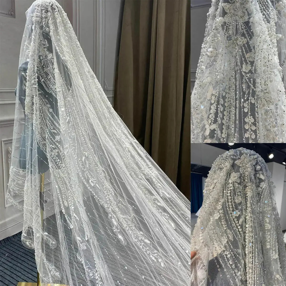 voile mariée blanc broderie strass bord coupé classique élégant dentelle paillettes translucide longueur personnalisable
