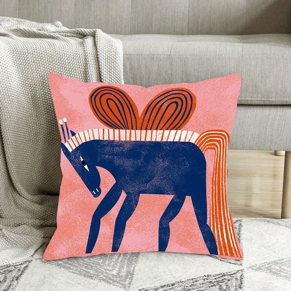 housse coussin décoratif abstraite cheval insecte rose bleu orange moderne 45x45cm polyester fermure éclair