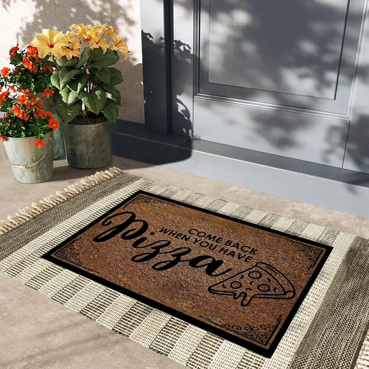 tapis d'entrée antidérapant marron clair pizza motif floral résistant anti bactéries extérieur sol