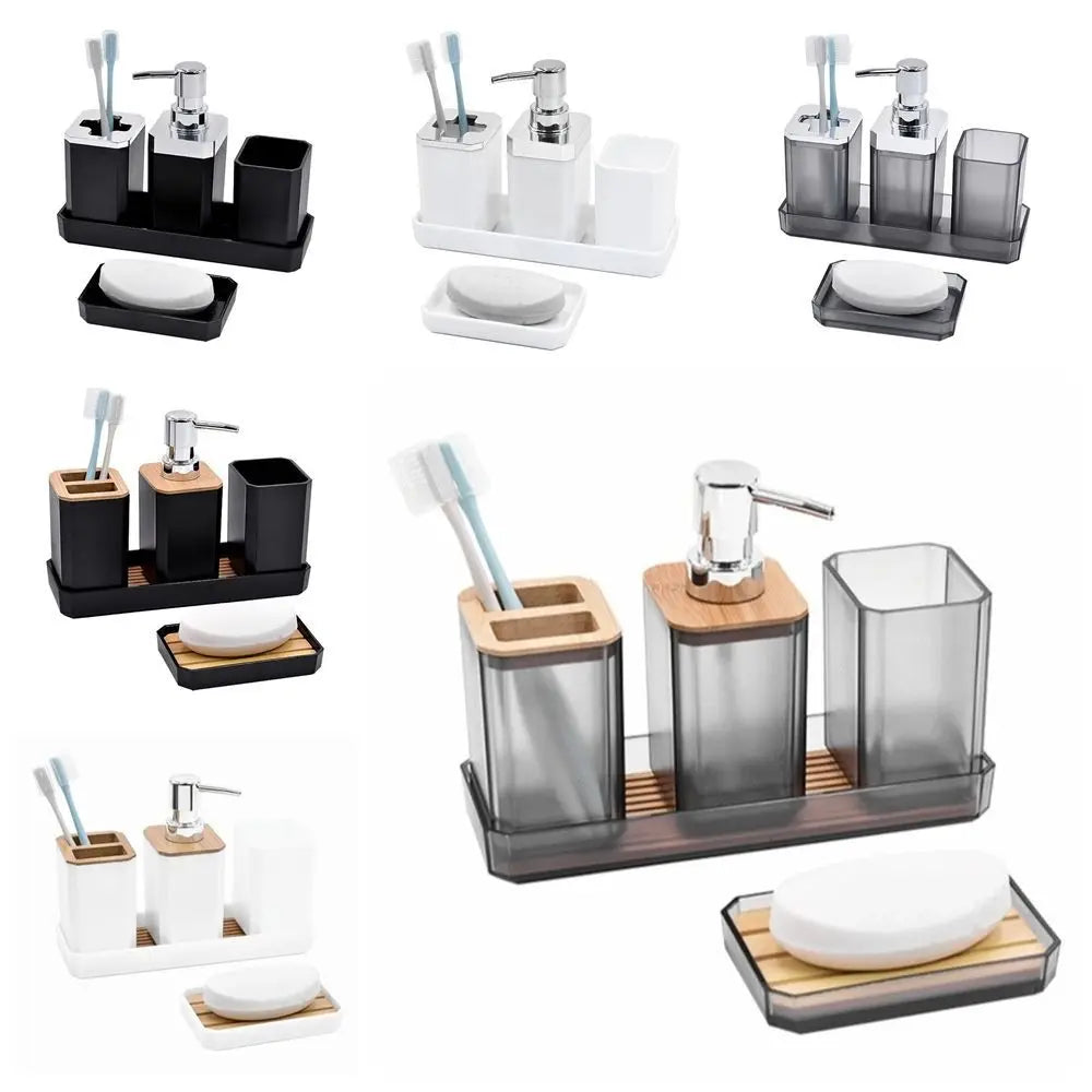 ensemble salle bain moderne porte brosse dents porte gobelet distributeur savon plateau bambou noir