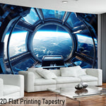 tapisserie moderne vue spatiale planète terre bleu noir blanc salon chambre coucher polyester imprimée