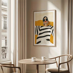 toile d'art moderne abstraite femme talons rayures noires blanches fond jaune 20x30cm 30x40cm 40x60cm