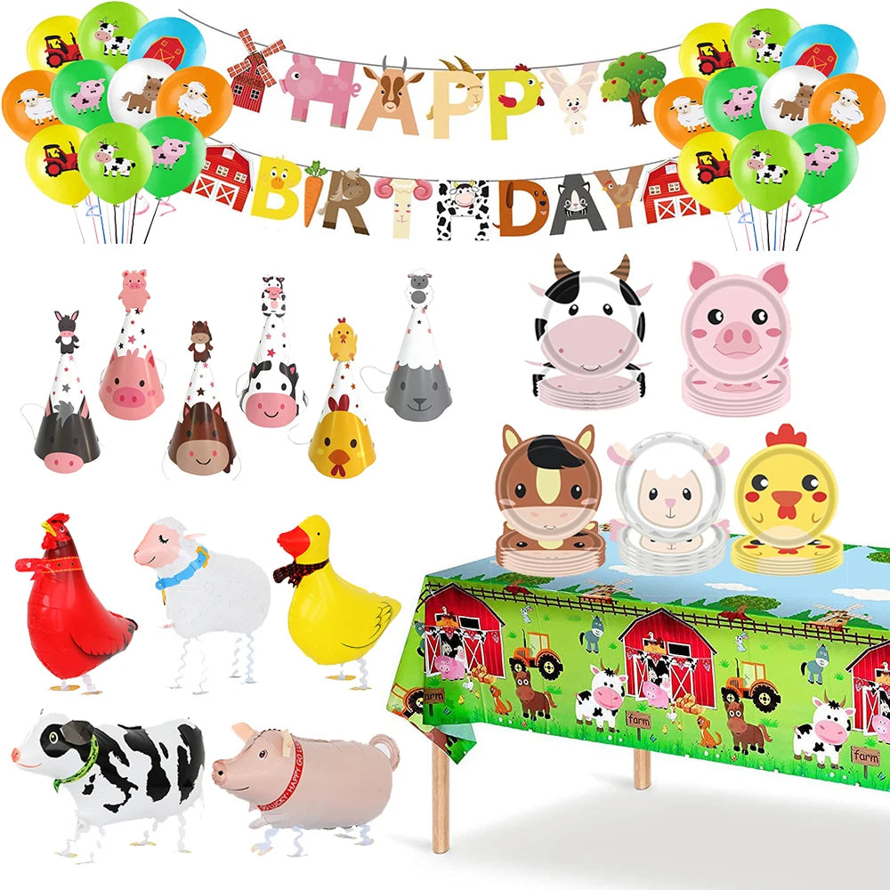 accessoires fête anniversaire animaux ferme assiettes serviettes chapeaux ballons guirlande motifs porc vache poulet