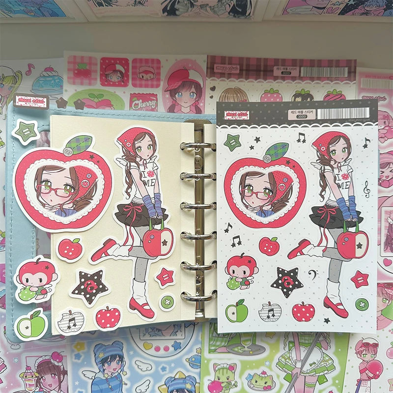 autocollants kawaii personnages dessins animés fruits coeurs notes musicales couleur rose blanc vert bleu