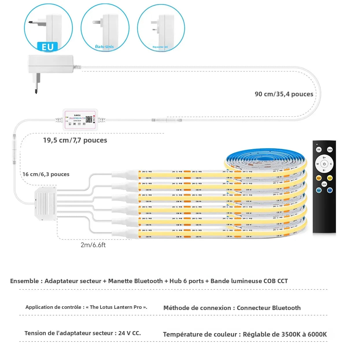 bande lumineuse cob cct adhésive blanc moderne télécommande bluetooth contrôleur adaptateur secteur 3500k 6000k