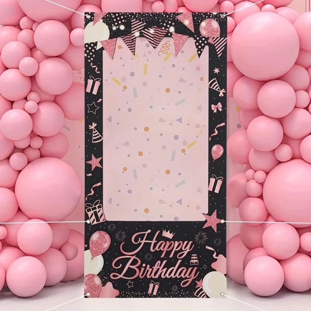 cadre photo personnalisable anniversaire noir doré motifs ballons étoiles cadeaux confettis happy birthday toile
