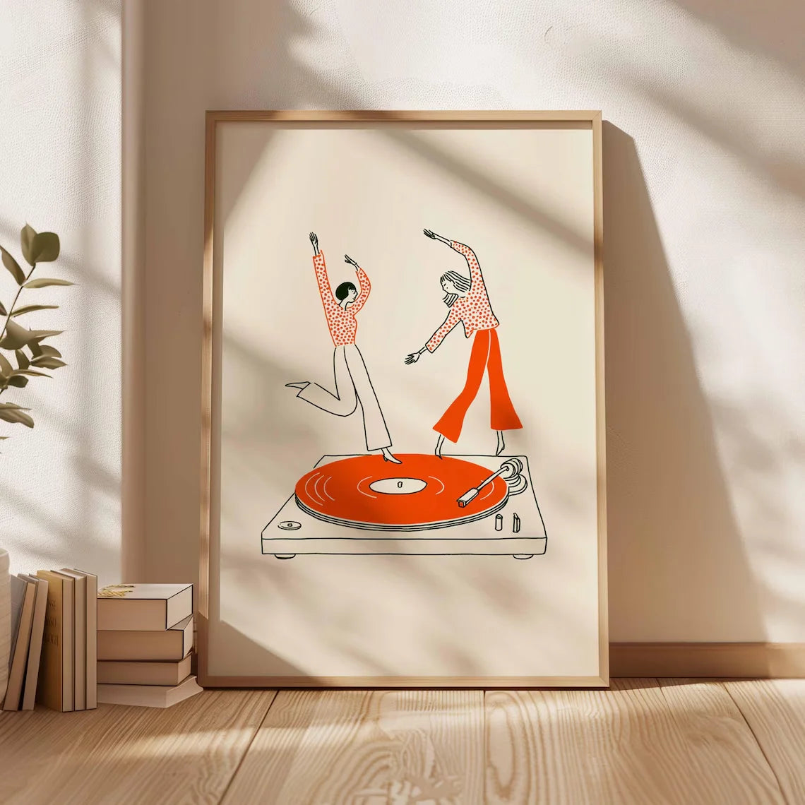 affiche moderne couple danse platine vinyle toile encadrée bois beige orange blanc gris marron