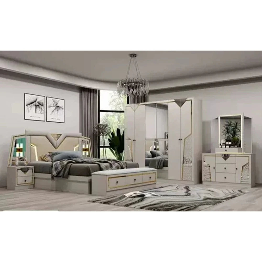 ensemble chambre coucher moderne lit double matelas latex tables chevet armoire miroir commode blanc