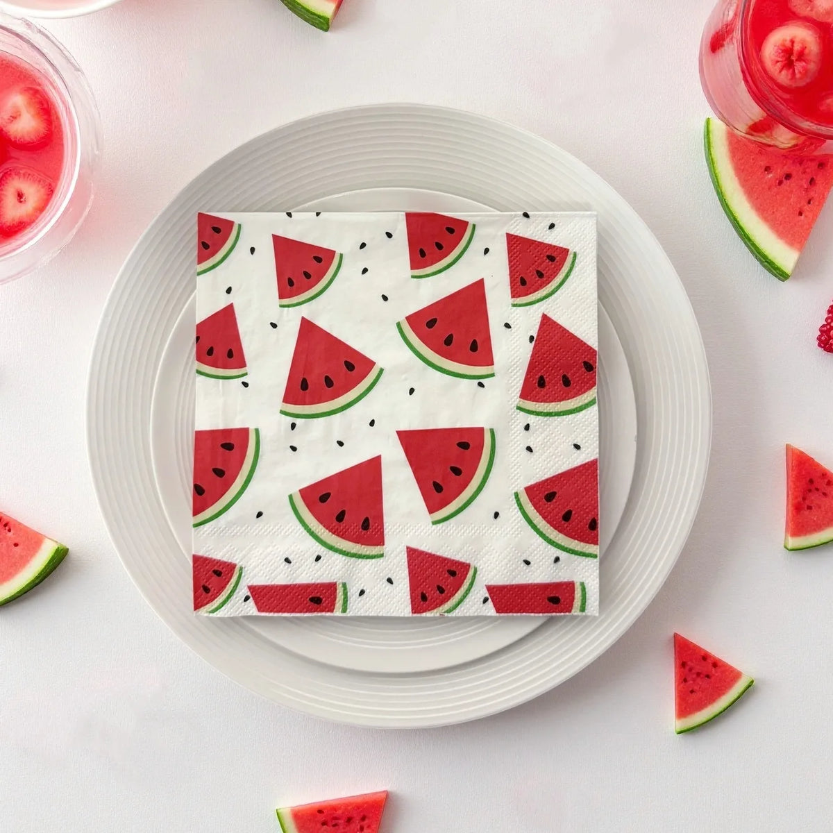 serviettes estivales pastelle motif pastèque blanc rouge festives pack 40 pièces