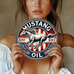 plaque métallique ronde cheval mustang drapeau américain vintage bleu blanc rouge