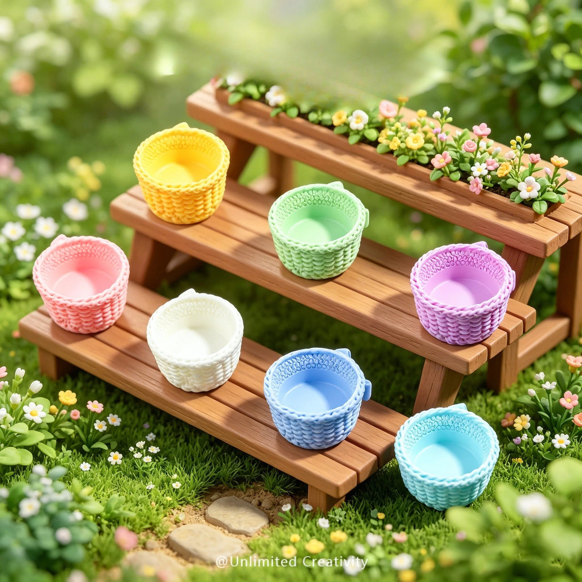 paniers tressés résine couleur jaune vert rose bleu blanc rustique décoration miniature maison poupée