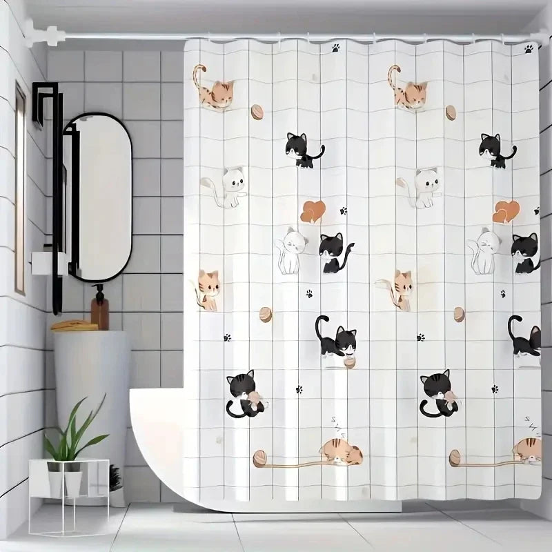 rideau douche moderne chatons mignons motif enfantin blanc noir orange opaques anneaux inoxydables