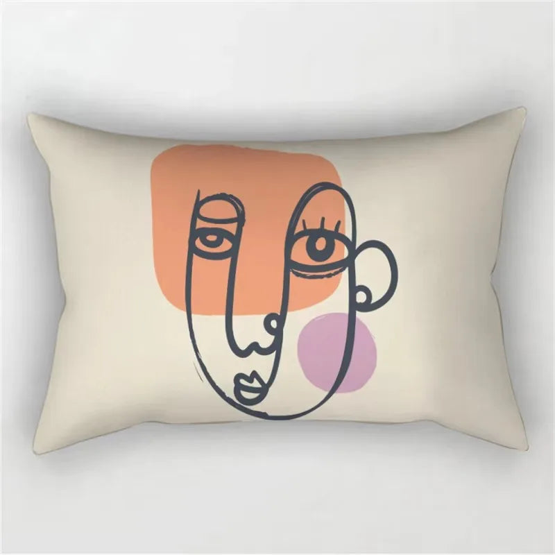 coussin rectangulaire moderne motif abstrait feuilles visages 100 polyester beige clair lit salon chambre