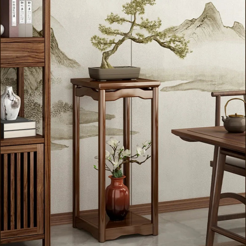 meuble d'appui bois massif moderne vase céramique fleurs artificielles tiroir marron foncé finition brillante
