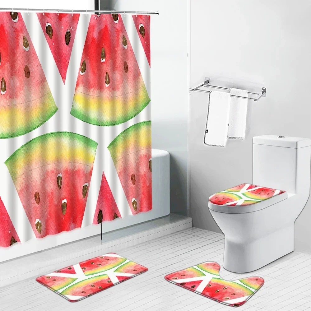 Set de salle de bain avec motif de pastèque, comprenant un rideau de douche et des tapis assortis. Idéal pour ajouter une touche colorée et estivale à votre espace. Transformez votre salle de bain avec ce design fruité et vif, parfait pour une ambiance rafraîchissante et moderne. Convient à tous les types de décoration, facile à installer et à entretenir.